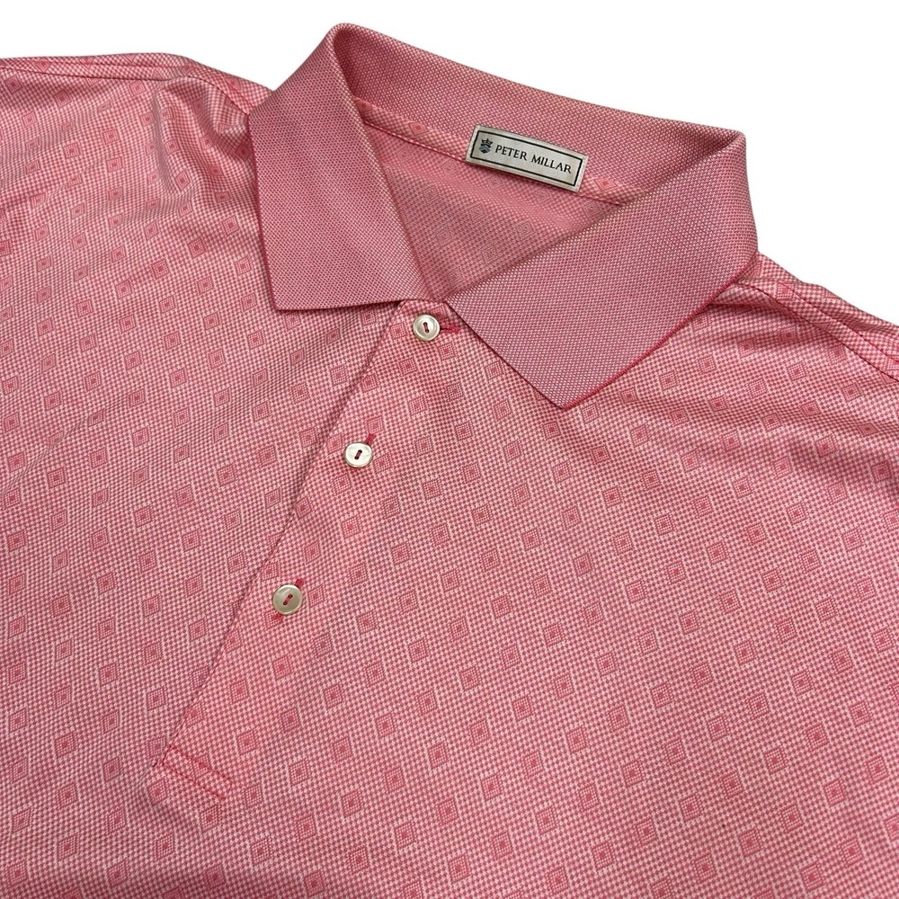 Vintage Peter Millar Polo Shirt Mens XL Pink Geometric Cotton Golf Short Sleeve